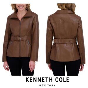 NWT Kenneth Cole Women's Belted Faux Leather Jacket, Brown, Convertible Collar